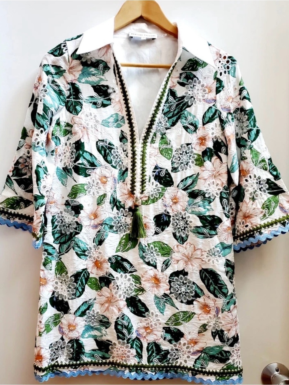 English Factory White Floral Embroidered Tunic with Green Leaves